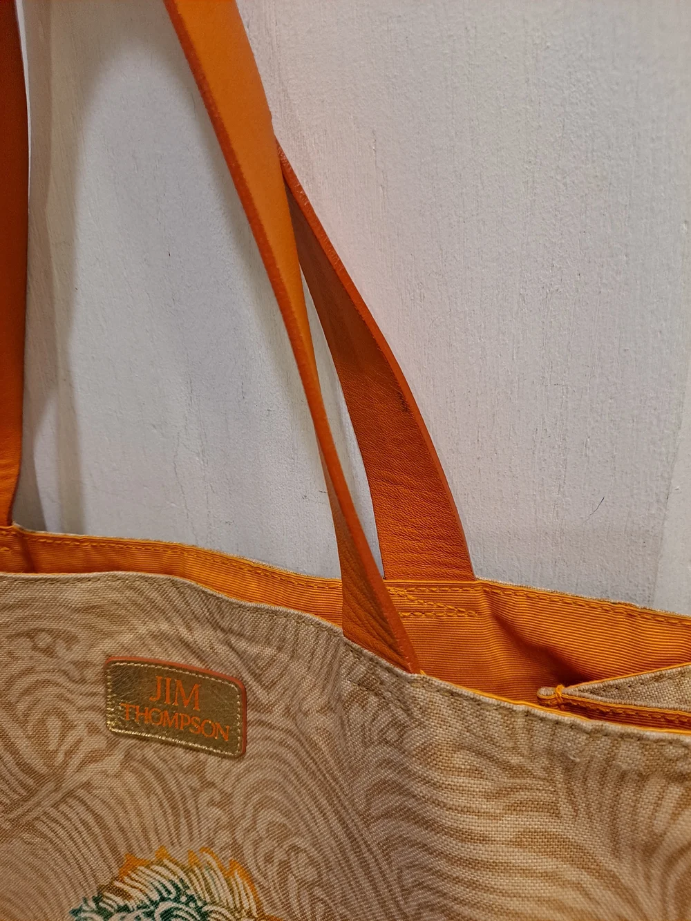 Jim Thompson Vintage 'Meena' Beige Orange Canvas Tote Iconic Barramundi Fish